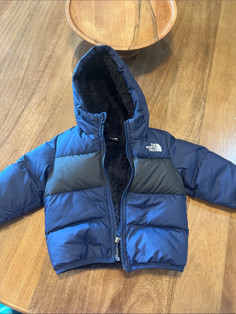 The North Face Blue and Black Hooded Puffer with lining